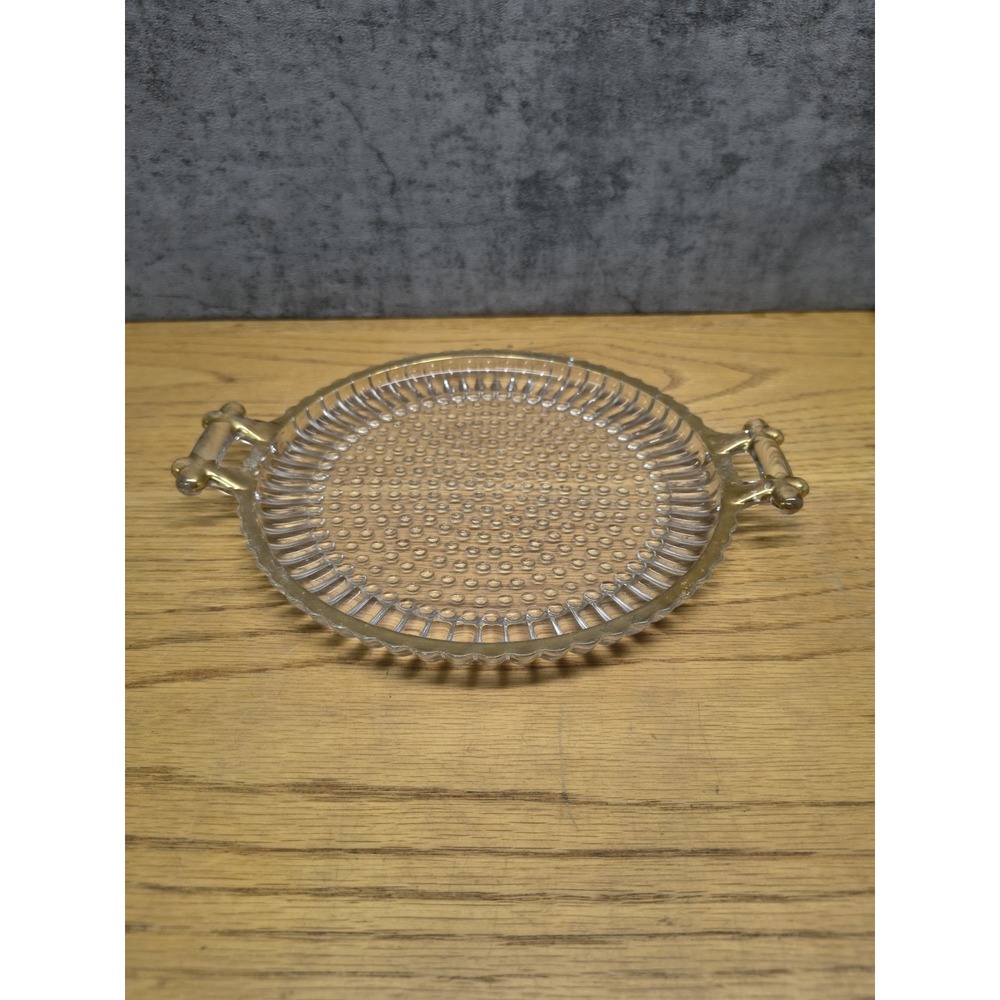 VINTAGE JEANNETTE GLASS HANDLED TRAY NATIONAL PATTERN CLEAR with GOLD TRIm
